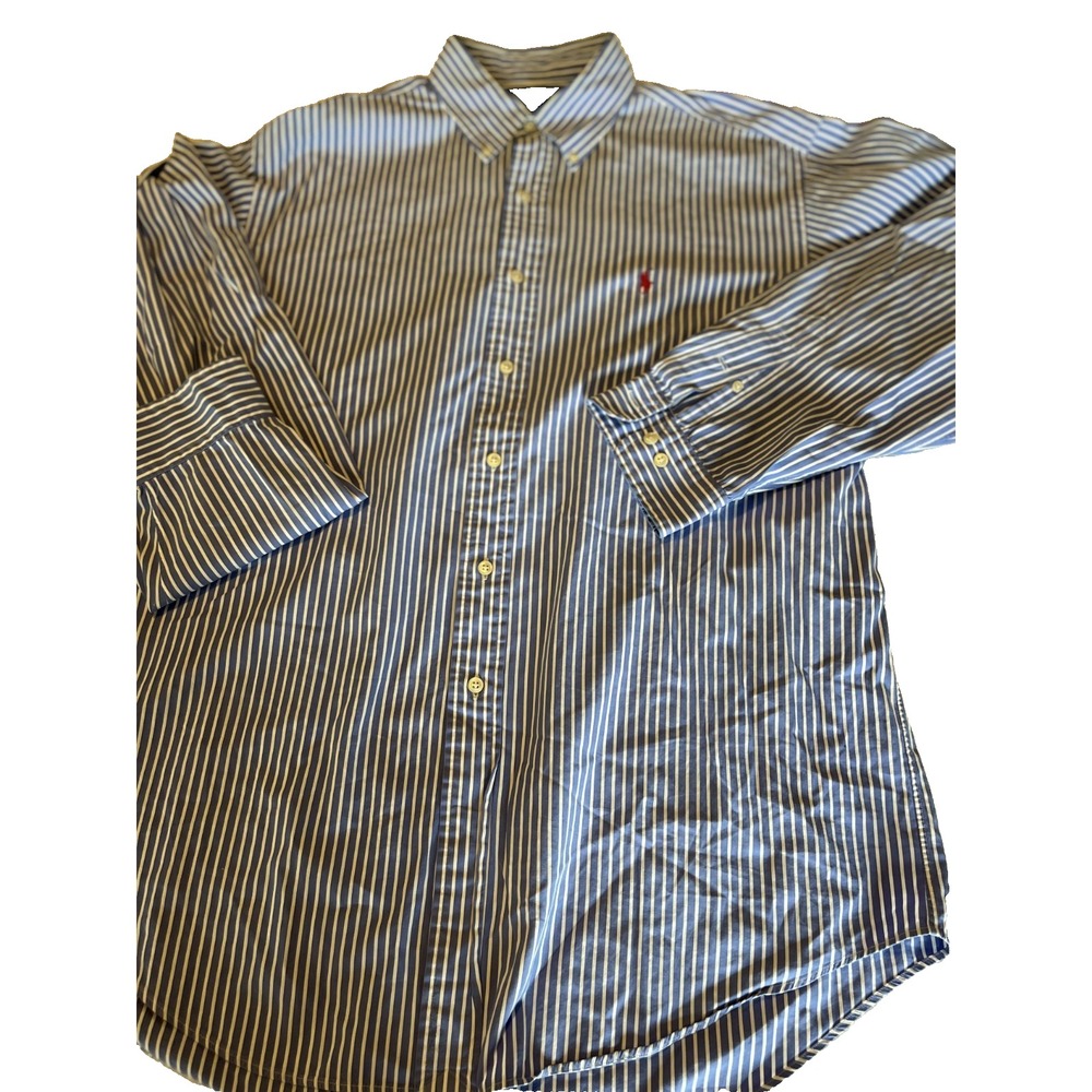 RALPH LAUREN MENS (L) BLUE/WHITE STRIPED CLASSIC FIT (LS) COTTON BUTTON-UP/PONY!